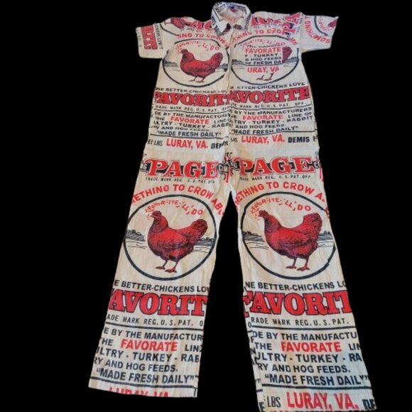 Coveralls Flour Sack Chicken Hen Hippie Overalls Cottage Core Boho One SZ Baggy - Picture 1 of 15